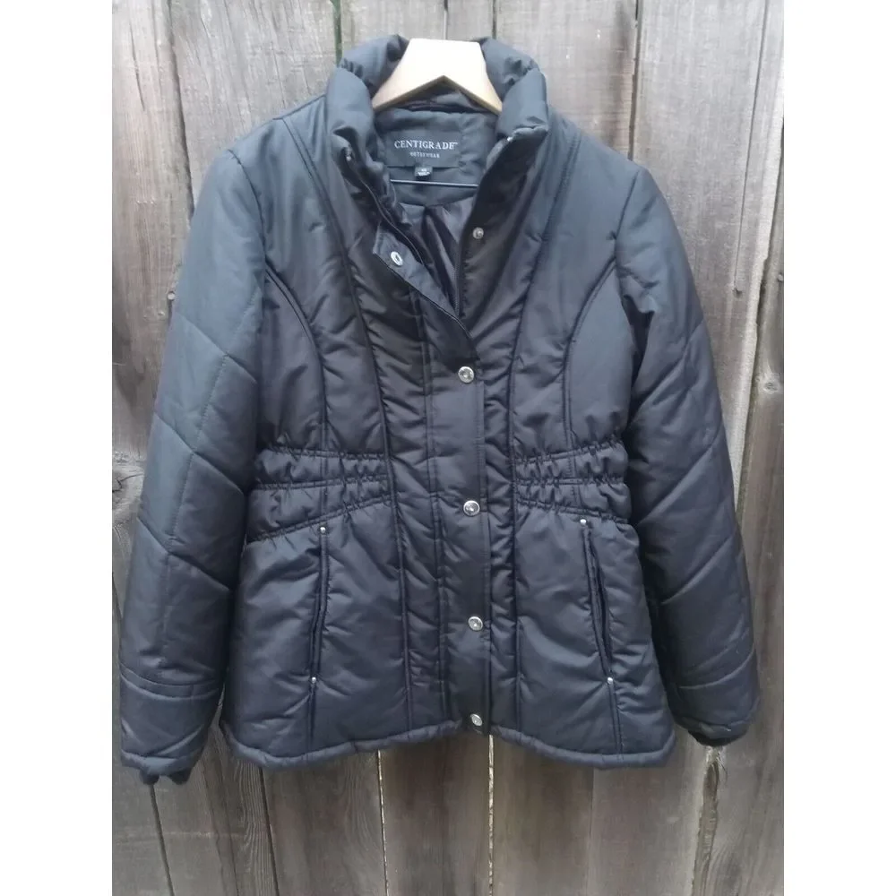 Black Gathered Waist Centrigrade Winter Jacket Xs‎